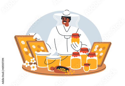 Beekeeper selling honey, organic bee food products at local farm market stall. Merchant with honeycomb, healthy ambrosia behind counter. Flat vector illustration isolated on white background
