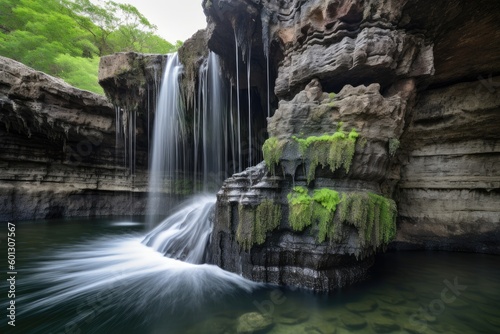 natural rock formation with water cascading over the edges, created with generative ai
