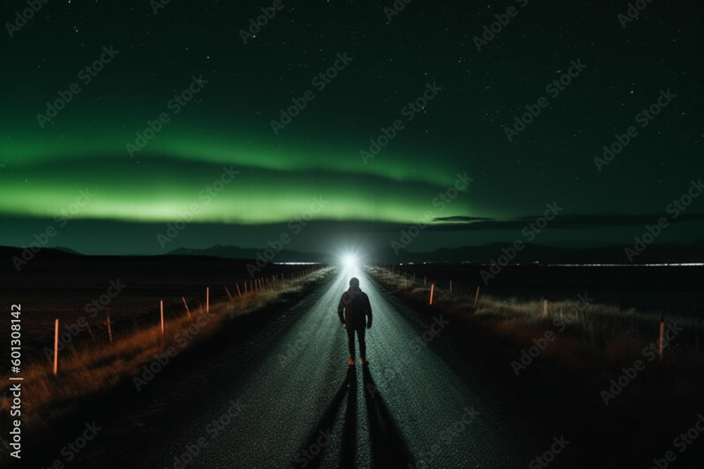 Back view of unrecognizable person standing on empty asphalt route in countryside against glowing northern lights in sky