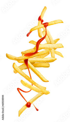 Flying french fries with ketchup splash