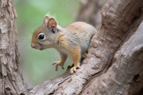 baby squirrel climbing tree trunk, its bushy tail visible, created with generative ai