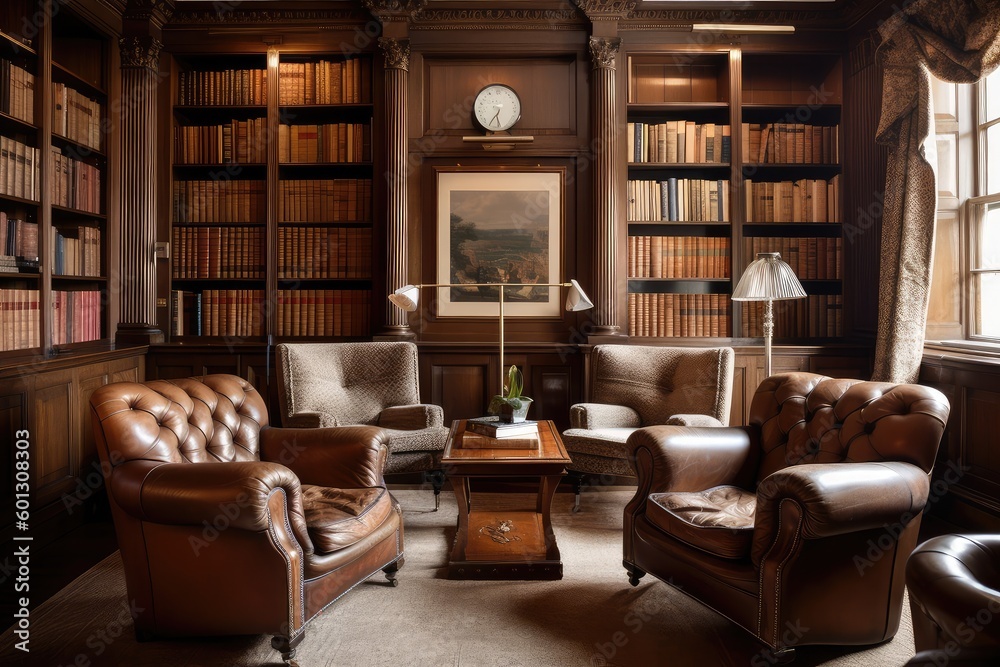 wood-paneled library, filled with books and stately leather armchairs, created with generative ai wood-paneled library, filled with books and stately leather armchairs, created with generative ai
