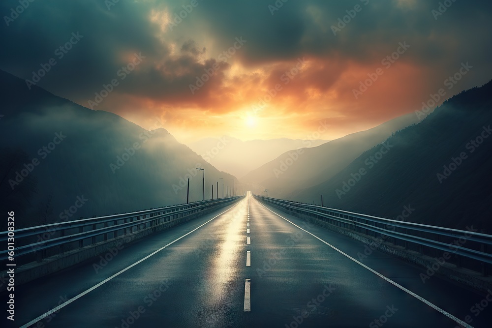 Fototapeta premium Travel Through the Countryside: Picturesque Outdoor Scenery with a Beautiful Skyline. Generative AI illustrations.
