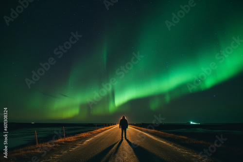 Back view of unrecognizable person standing on empty asphalt route in countryside against glowing northern lights in sky