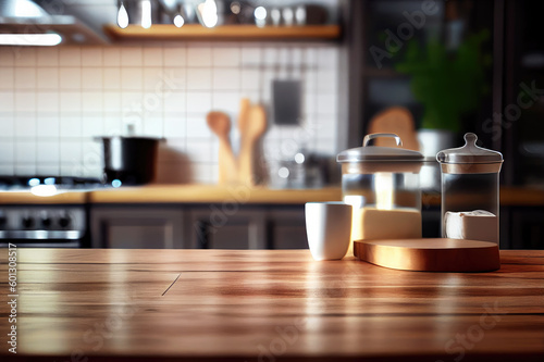 Kitchen wooden table top and kitchen room as background. Empty tabletop over defocused background. Natural template for product display. Generative ai.