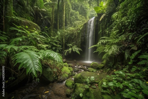 cascading waterfall amidst lush jungle foliage, created with generative ai