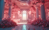Dream Palace Surrounded by Pink Flowers,created with generative ai tecnology.
