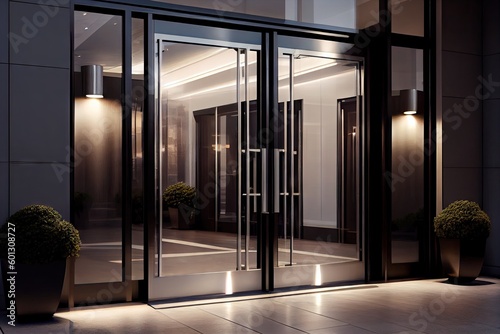 double doors with glass panels and sleek hardware create contemporary entrance to hotel or office building, created with generative ai