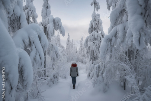 Back view of young woman walking in winter forest among snow covered trees in Lapland Finland