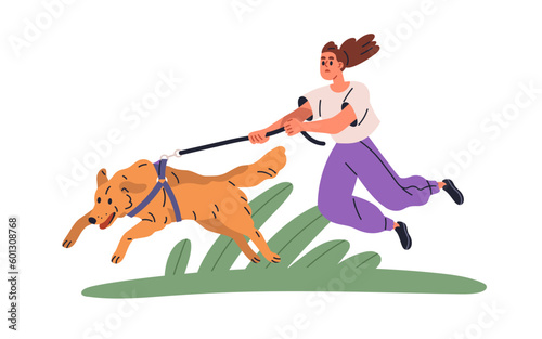 Dog pulling leash. Naughty stubborn doggy running. Disobedient mischievous active puppy. Bad canine animal behavior. Zoopsychology concept. Flat vector illustration isolated on white background