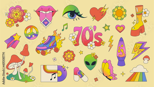 Trendy hippie stickers, retro 70s disco fashion aesthetic elements, ufo and roller skates. Cartoon groovy design element, vintage vinyl record, rainbow peace sign, psychedelic mushroom vector set