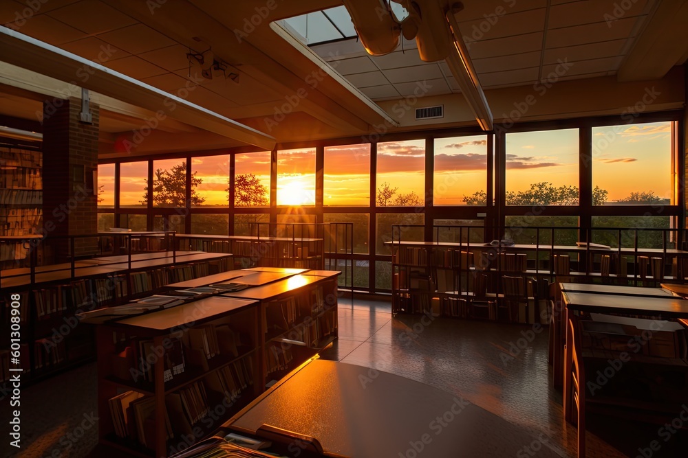 library, with books and study desks, during sunset, created with generative ai