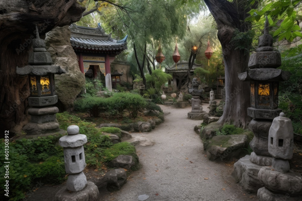 Obraz premium ancient rock garden, with stone pathways and lanterns, created with generative ai