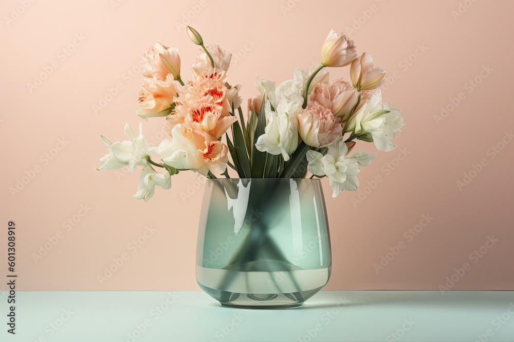 pastel floral arrangement in modern glass vase on pastel background, created with generative ai pastel floral arrangement in modern glass vase on pastel background, created with generative ai