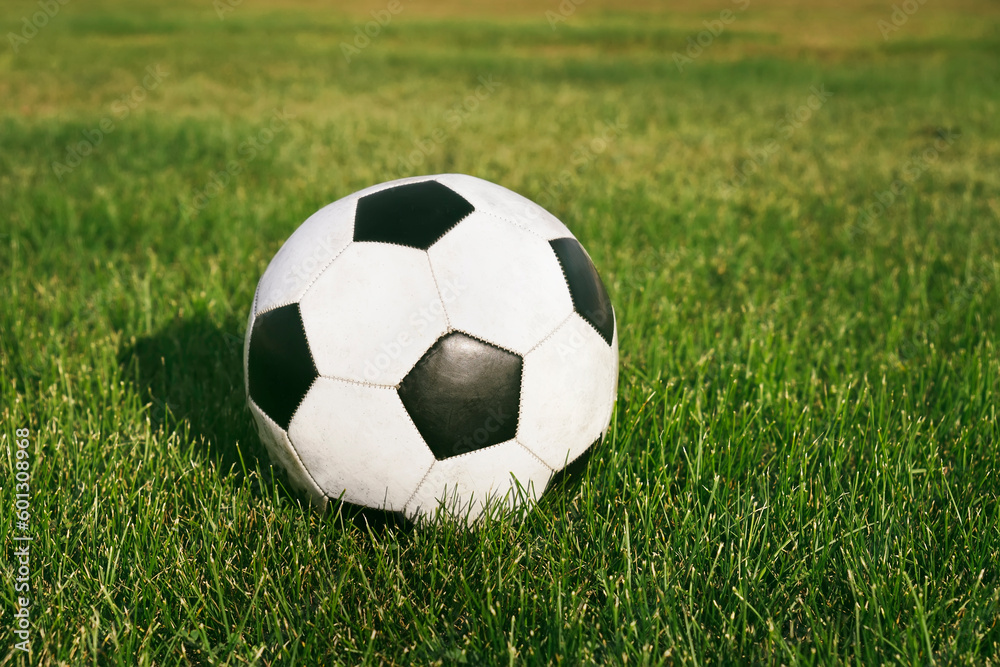 Classic soccer ball, typical black and white pattern, placed on the spot of stadium turf. Traditional football ball on the green grass field of arena.