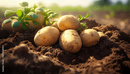 Organic potatoes growing in field. Selective focus on potatoes. Potatoes and sprouts in the soil. The concept of healthy food.