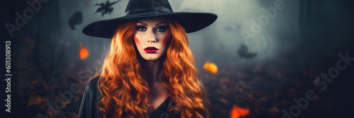 Halloween concept. Beautiful young woman in witches’ hat with long curly red hair against spooky dark magic forest background. Generative AI.