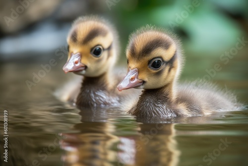 pair of newborn ducklings swimming in pond, created with generative ai