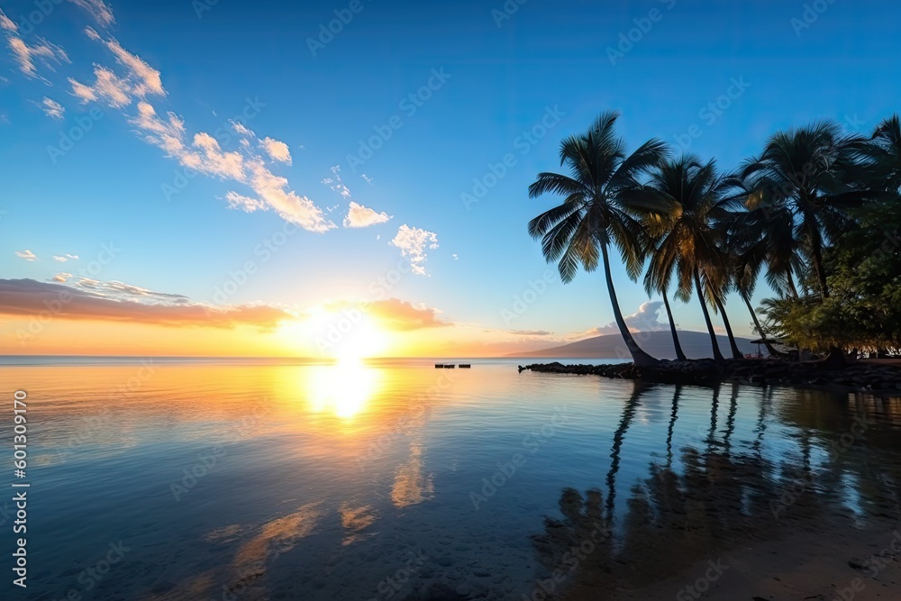 sunrise over the beach, with palm trees in the background and clear blue skies, created with generative ai