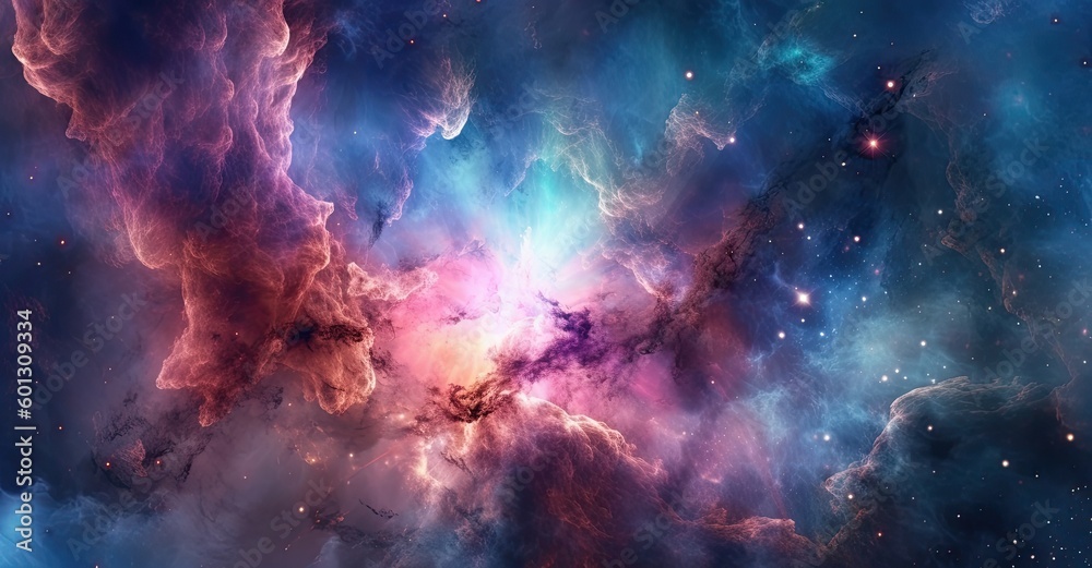 Illustration depicting space with beautiful stars in shades of blue and pink. Generative AI