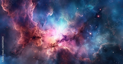 Illustration depicting space with beautiful stars in shades of blue and pink. Generative AI