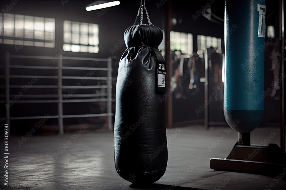 punching bag with boxing glove on top in gym, created with generative ai