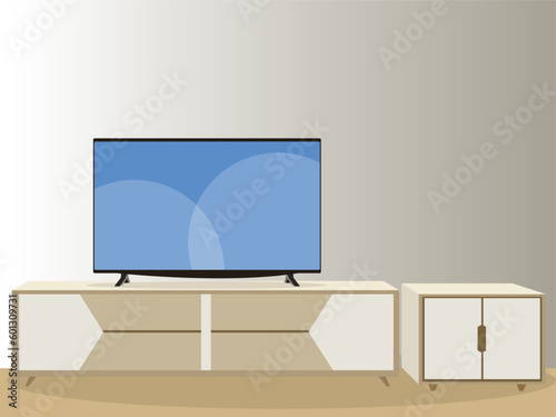 Vector illustration of modern interior tv cabinet design. Minimalist. Shelf tv in modern empty room, minimal design.