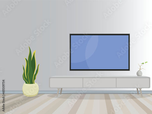 Vector illustration of modern interior tv cabinet design. Minimalist. Shelf tv in modern empty room, minimal design.