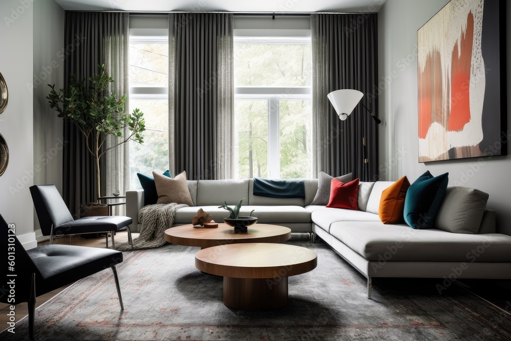 stylish living room with sleek furniture and pops of color, created with generative ai stylish living room with sleek furniture and pops of color, created with generative ai