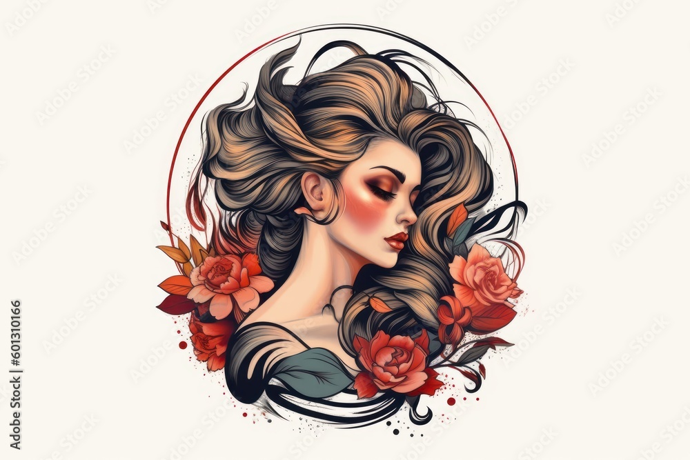 Oil style painting tattoo salon logo with woman portrait. Beautiful illustration picture. Generative AI Oil style painting tattoo salon logo with woman portrait. Beautiful illustration picture. Generative AI