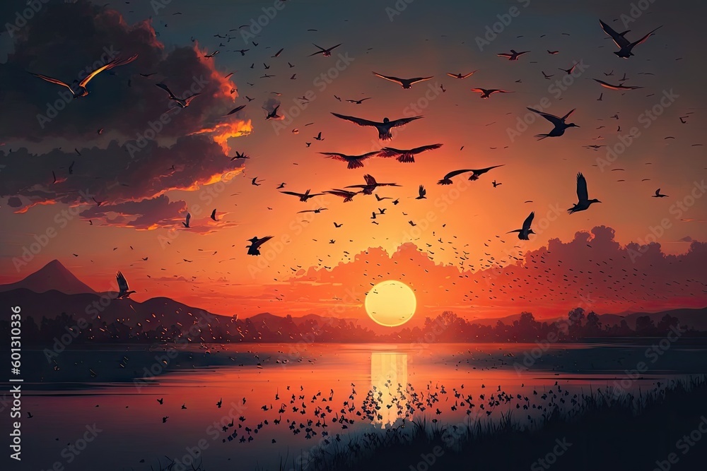 sunset, with a flock of birds flying above the horizon, created with generative ai sunset, with a flock of birds flying above the horizon, created with generative ai