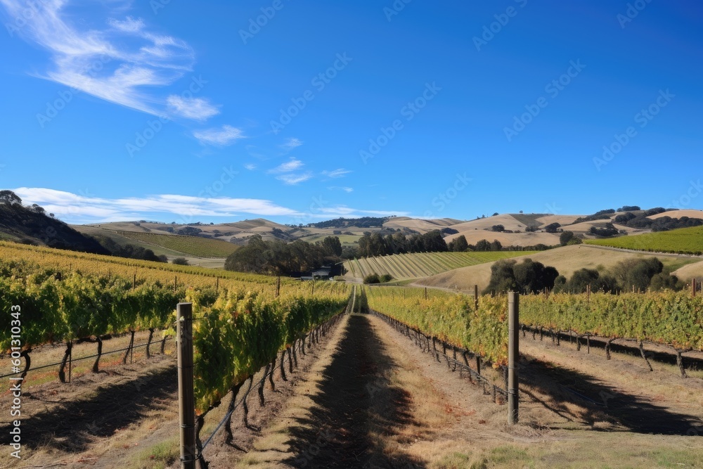 vineyard with rolling hills and clear blue sky in the background, created with generative ai
