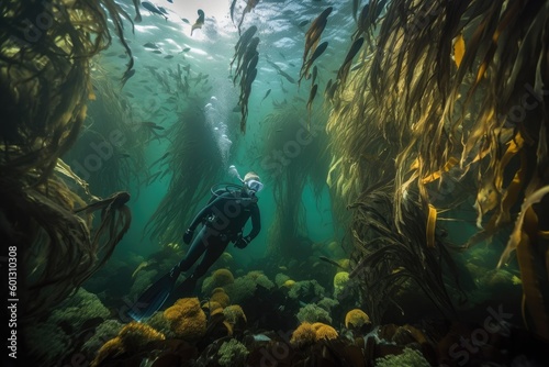 diver swimming through vibrant kelp forest, surrounded by schools of fish, created with generative ai