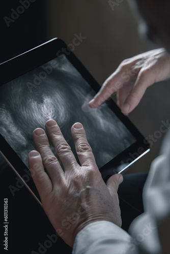 Doctor hands with tablet anatomy body part hologram, analysis, healthcare or future medical development, Medical industry concept ai generative.