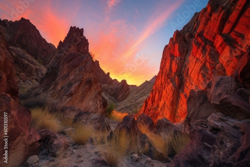 fiery sunset over jagged canyon walls  with the sun casting warm colors against the sky  created with generative ai