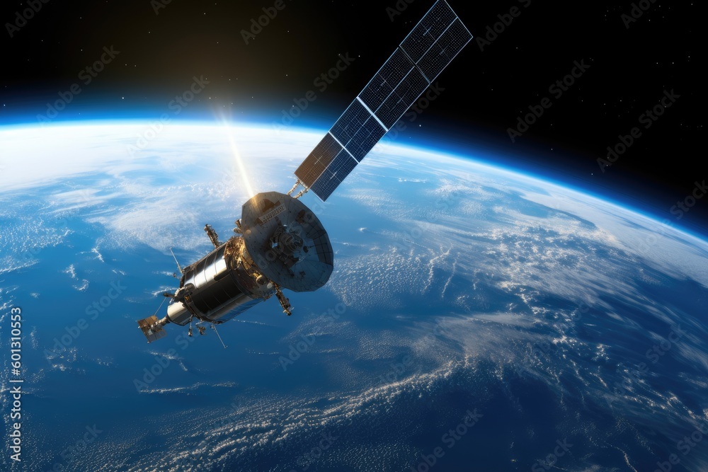 Obraz premium Futuristic Communication Satellite in Orbit around Earth generative ai illustration 