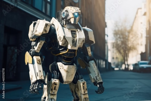 mechanical Futuristic Robot in Sunny Day Street, Generative AI Illustration