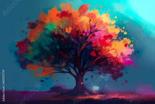 Abstract Autumn tree with colorful leaves, a digital painting enhanced by Generative AI
