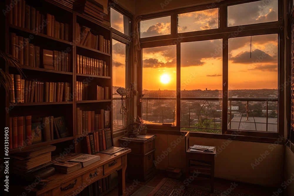 library, with view of the sunset, surrounded by cozy and peaceful atmosphere, created with generative ai