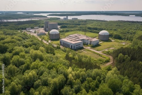 nuclear power plant, with storage tanks and pipes visible, surrounded by lush greenery, created with generative ai © altitudevisual