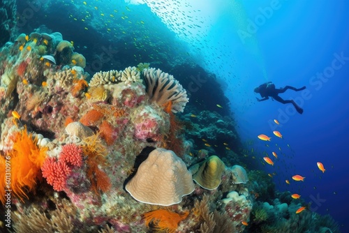 peaceful underwater scene with scuba diver and fish swimming among coral reef, created with generative ai © altitudevisual