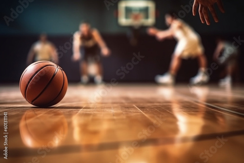 Basketball Training Game Background, Basketball on Wooden Court Floor Close Up with Blurred Players Playing Basketball Game in the Background
