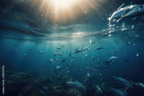 microplastic pollution in the ocean, with fish swimming among plastic particles, created with generative ai