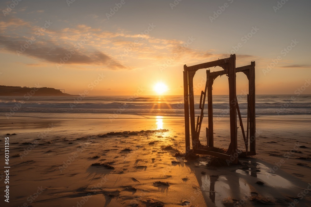 metal detector frame with a view of the sunrise, bringing new light and hope to the day, created with generative ai