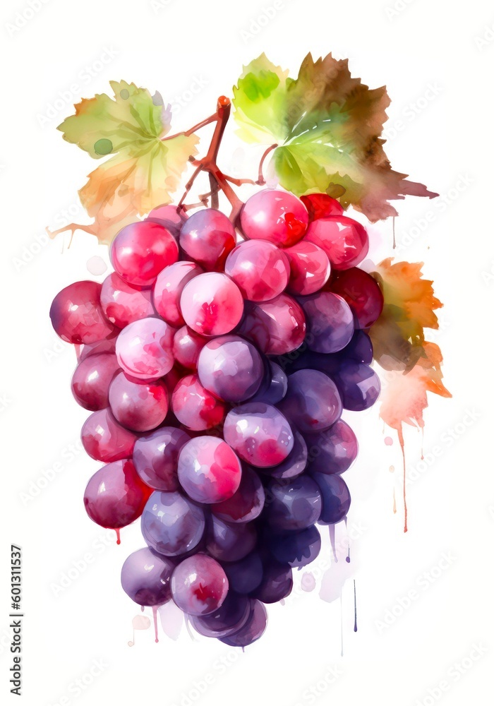 Bunch with red grapes isolated on white background in watercolor style. Generative AI. Bunch with red grapes isolated on white background in watercolor style. Generative AI.