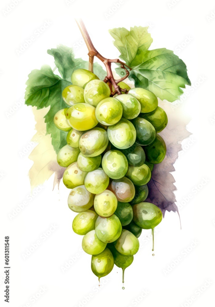 Bunch with green grapes isolated on white background in watercolor style. Generative AI. Bunch with green grapes isolated on white background in watercolor style. Generative AI.