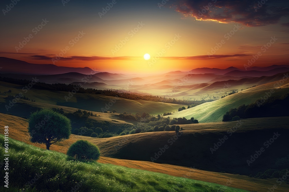 peaceful sunset over meadow surrounded by rolling hills, created with generative ai