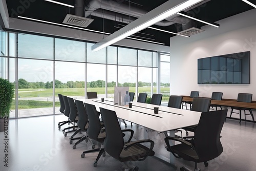 furnished meeting room with view of an active factory floor, showcasing the company's commitment to industry and innovation, created with generative ai © altitudevisual