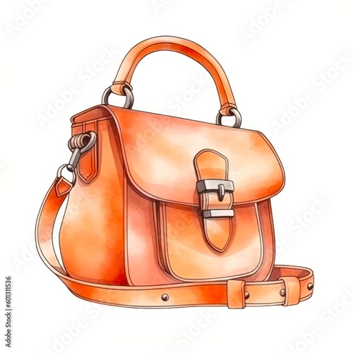 Watercolor illustration of an orange female handbag isolated on white background. Generative AI.