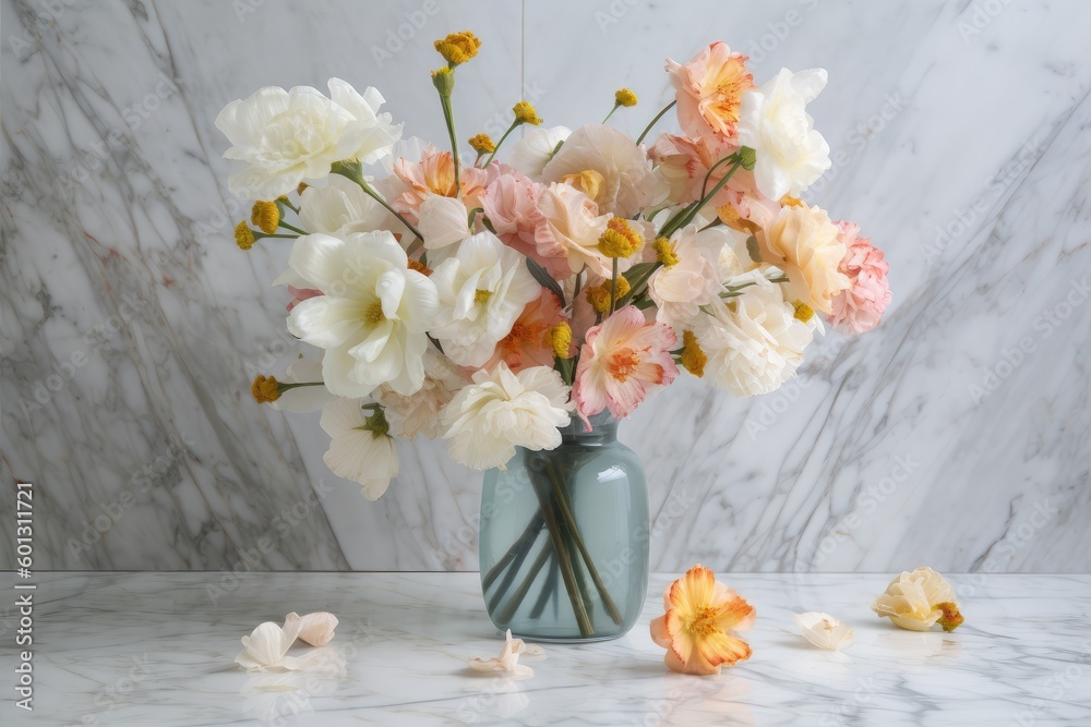 pastel flowers in vase on marble tabletop, created with generative ai pastel flowers in vase on marble tabletop, created with generative ai
